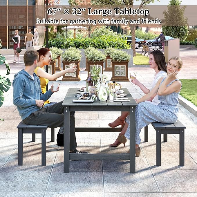Tangkula 3 Pieces Outdoor HDPE Dining Table Set with 2 Benches, Weather Resistant Patio Furniture Set with 1.77” Umbrella Hole and Wood-Like Surface for Garden, Backyard and Poolside (Gray, 3 Pcs)