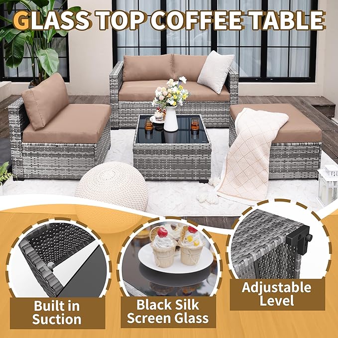 UDPATIO 5 Piece Patio Furniture Set, All-Weather Wicker Outdoor Sectional Sofa, L Shaped Outdoor Conversation Couch with Ottoman, Glass Table for Balcony Porch Backyard, Khaki