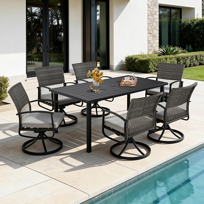 HAPPATIO 7-Piece Patio Dining Set with Wicker Swivel Patio Chairs | Outdoor Dining Set, Powder-Coated Rectangular Dining Table with Umbrella Hole, Removable Cushions for Outside Lawn, Garden,