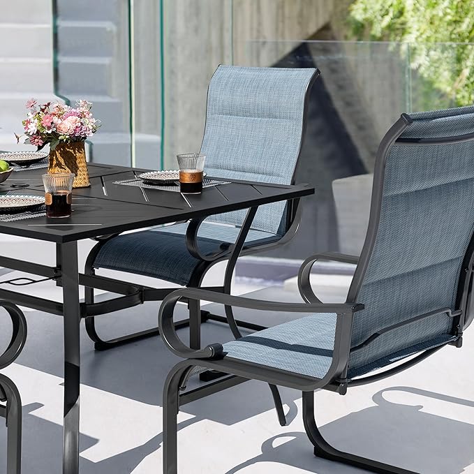 NUU GARDEN 7-Piece Outdoor Patio Dining Set with 6 Padded Textilene C-Spring Chairs and 61 x 37 Inch Table with 1.8 Inch Umbrella Hole for Patio Deck Garden Backyard Indoor Outdoor Use Black Blue