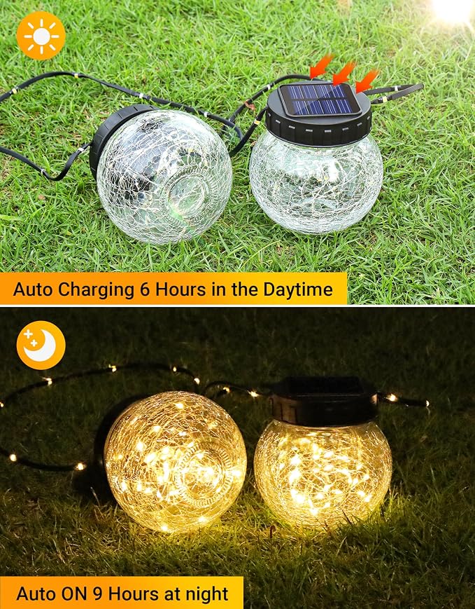 Solar Lights Outdoor Waterproof 24-Pack, Solar Powered Hanging Lantern Cracked Glass Hanging Globes for Yard Decor Christmas Decoration, Shepherd Hook, Garden Tree Table Ornaments, Warm