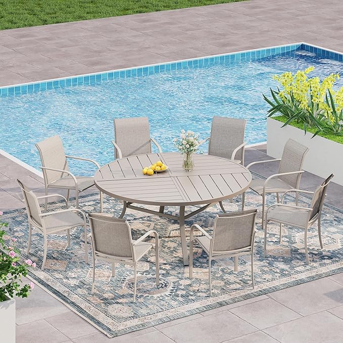 VICLLAX 9 Pieces Patio Outdoor Dining Set, 53" Round Metal Table with Umbrella Hole and 8 Stackable Textilene Chairs for Patio, Lawn, Garden, Porch, Sandshell