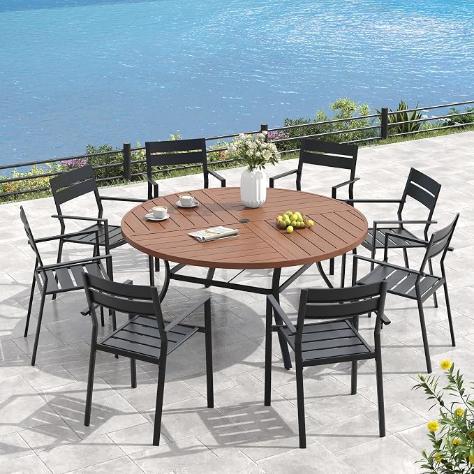 VICLLAX 53" Round Outdoor Table, Patio Dining Table for 8 with Umbrella Hole for Garden Lawn Deck Backyard, Walnut