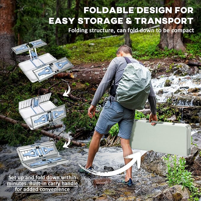Outsunny Folding Picnic Table with Umbrella Hole, Aluminum Suitcase Portable Outdoor Table with Bench, Patio, Porch or Camping Table and Chair Set, Silver