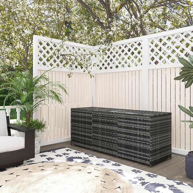 175 Gallon Outdoor Storage Box with Inner Liner, PE Rattan Wicker Deck Box with Bar Lift for Indoor Outdoor, Patio Furniture Cushions, Pool Toys, Garden Tools, Mixed Gray