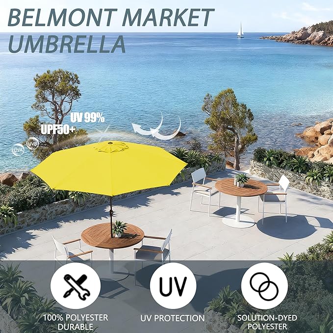 9FT Large Outdoor Patio Umbrella Pool Market Umbrella-UV Resistant, Easy Push Button Tilt and Crank, 8 Sturdy Ribs Heavy-Duty Table Umbrella for Deck, Backyard, Garden(Yellow)