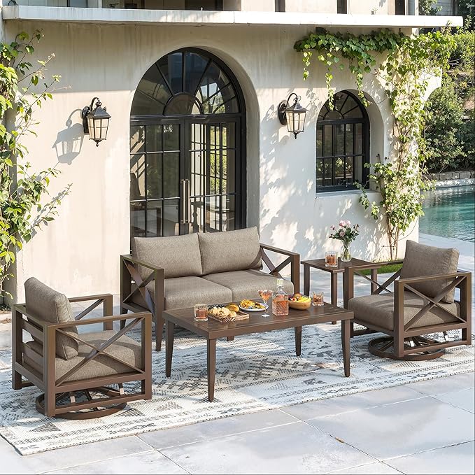 Aluminum 4-Seats Outdoor Patio Furniture Set with Swivel Rocking Chairs, Sectional Conversation Sofa with 5.2" Thick Cushions & Plus Table, Rust-Resistant Frame for Porch, Garden, Backyard, Brown
