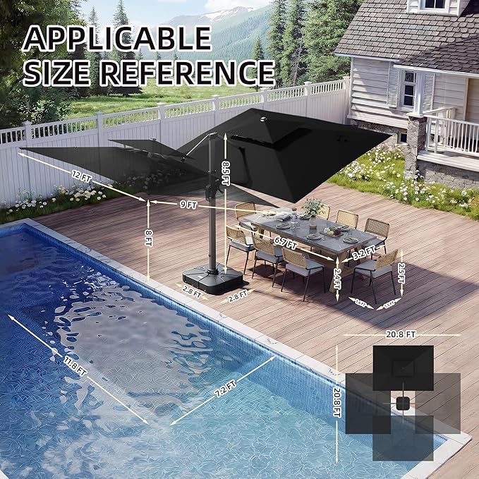 9 X 12 FT Cantilever Patio Umbrella with Led Lights and Base Included Heavy Duty Outdoor Double Top Large Rectangle Offset Umbrellas with 360-degree Rotation for Garden Pool Deck Backyard, Black
