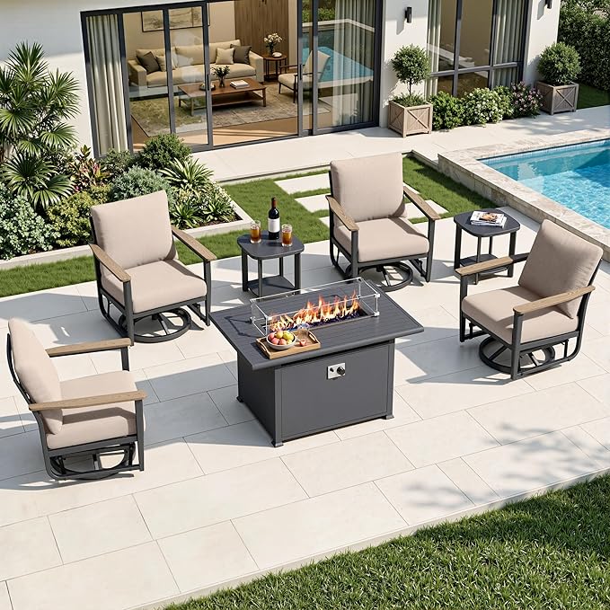 7Pcs Aluminum Patio Rocking Swivel Chair with 55,000 BTU Fire Pit Table Outdoor Bistro Set with Coffee Table, Patio Furniture Set with High Backrest & Thickened Cushions, Sand