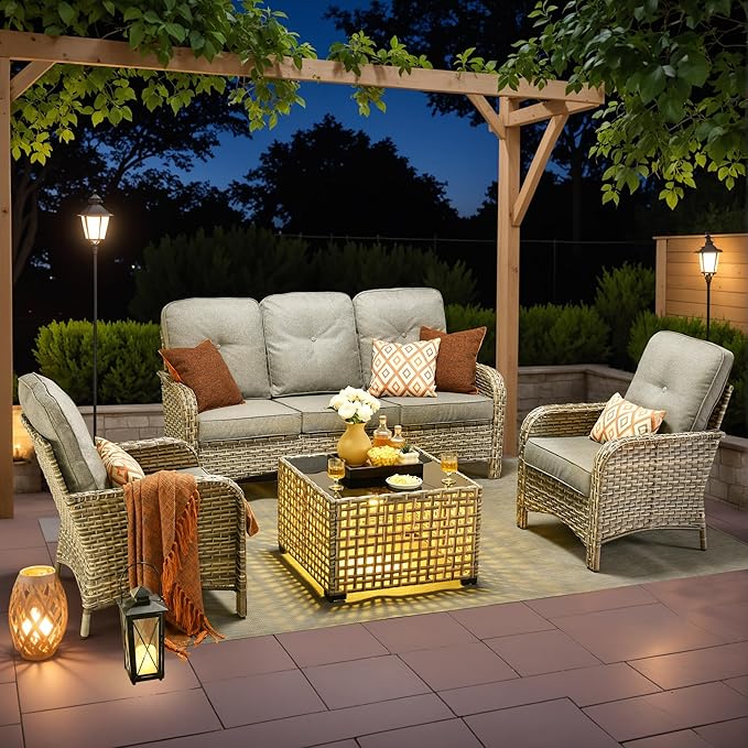 4-Piece Outdoor Patio Furniture Set,All Weather Wicker Rattan Patio Seating Sofa and Chair Set with Glowing Coffee Table,Outdoor Conversation Sets with 3 Seater Couch for Porch Deck Yard,Grey