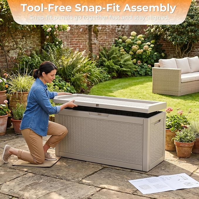 70 Gallon Weather Resistant Resin Storage Bench, Lockable Outdoor Deck Storage Box, Multi-Purpose Patio Container for Garden Tools, Pool & Picnic Accessories, Indoor Outdoor Use,Grey