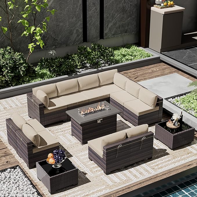 Outdoor Patio Furniture Set with Gas Fire Pit Table, 13 Pieces Outdoor Furniture Set Patio Sectional Sofa w/43in 55000 BTU Propane Fire Pit, PE Wicker Rattan Patio Conversation Sets - Brown