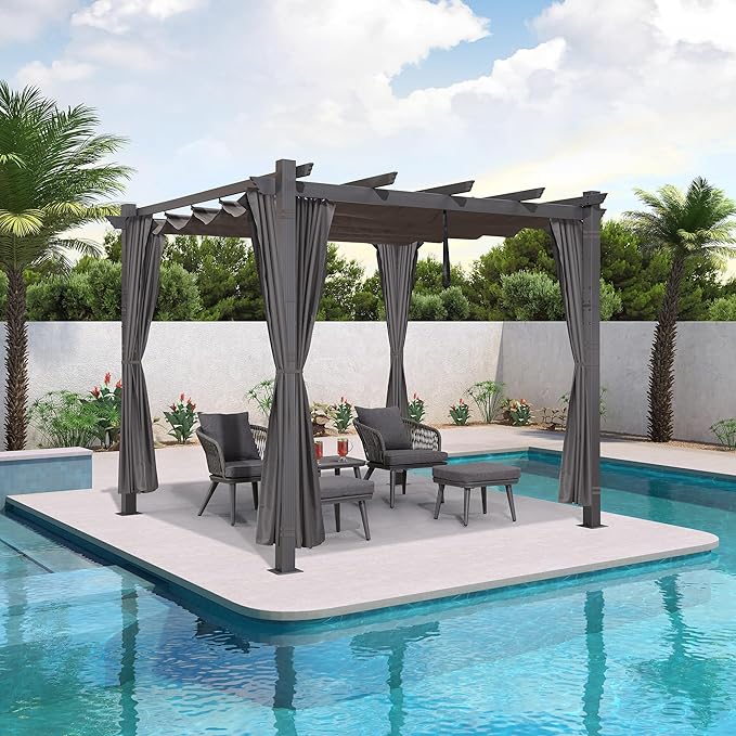 PURPLE LEAF 10' X 10' Outdoor Pergola with 4-Sided Curtains Retractable Canopy Patio Aluminum Sun Shade for Garden Deck Porch Gazebo Pavilion Grill Modern Yard Grape Trellis Pergola Gray