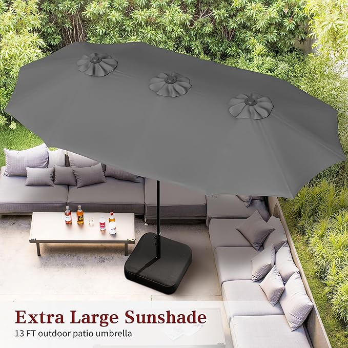 Vongrasig 13FT Large Patio Umbrellas with Base Included, Outdoor Double sided Pool Umbrellas with Crank Handle, Large Rectangle Table Umbrella for Poolside Backyard Market, Grey
