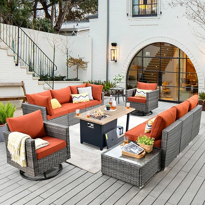 11 Piece Outdoor Patio Furniture Set with 46" Fire Pit Table, Wicker Sectional Conversation Set Whit Swivel Chairs,Modern Outside Sofa for Balcony Backyard(Red)