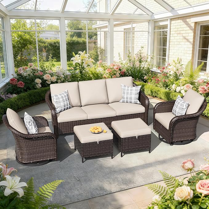 5 PCS Outdoor Conversation Set | 78" Couch, 2 Swivel Chairs, 2 Ottomans, Patio Wicker Conversation Furniture with Removable Cushions for Bistro, Deck, Sunroom (Beige)