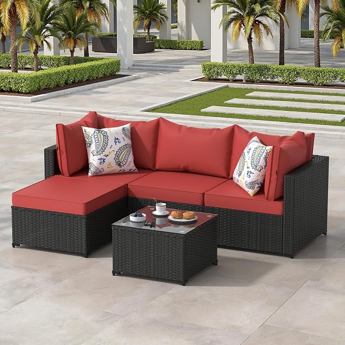 Patio Furniture Set, 5PCS Patio Sectional with Ottoman Wicker Rattan Outdoor Furniture with Thickened Cushion Modular Wicker Patio Conversation Set with Glass Top Table for Balcony, Backyard(Red)