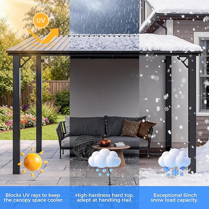 AirWire 10'x10' Lean to Gazebo, Hardtop Pergola with Metal Roof, Wall Mounted Heavy Duty Canopy Awning for Backyard, Deck and More