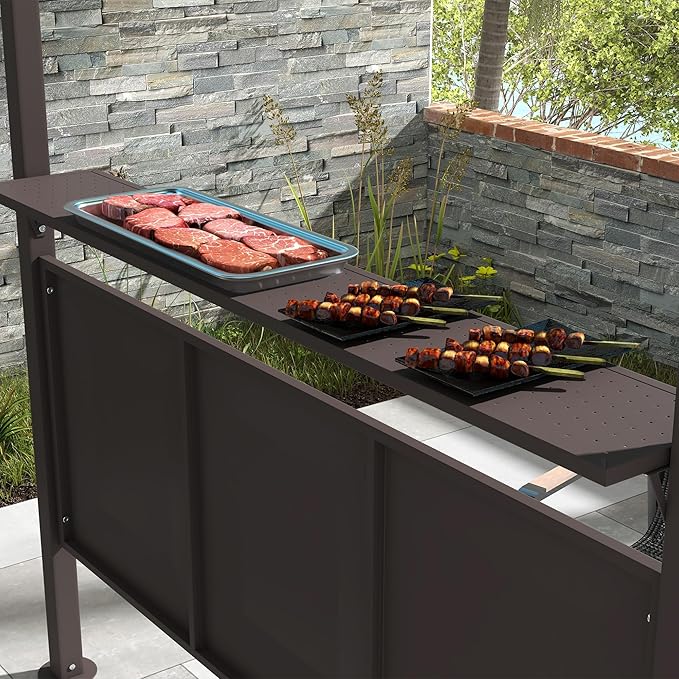 Outsunny 8'x5' BBQ Grill Gazebo with 2 Side Shelves, Outdoor Double Tiered Interlaced Polycarbonate Roof with Steel Frame, Brown
