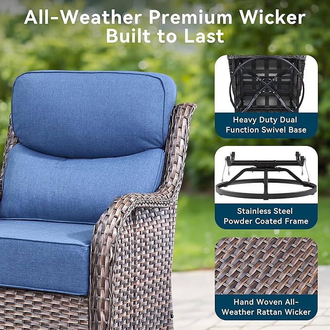 Luxury 4 Pieces Patio Furniture Set-Outdoor Swivel Rocker Patio Chairs with 6" Extra Thick Cushions, High Back Outdoor Couch and Coffee Table, Wicker Conversation Sets for Porch Deck(Brown/Blue)