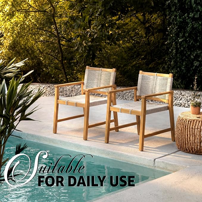 Heritage Woven Rope Eucalyptus Wood Armchair, Set of 2 Oversized Wide Backrest for Enhanced Comfort - Handcrafted Outdoor Patio Dining Chairs, Solid Eucalyptus Boho Seating for Deck, Porch & Backyard