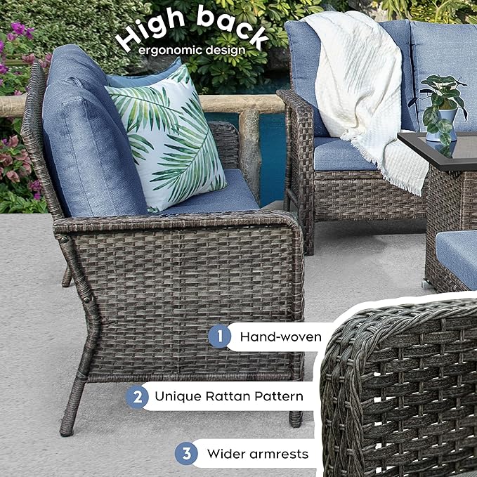 Brafab 2 Peices Patio Single Chairs Set, PE Rattan Wicker Chair Conversation Set with Washable Cushion, Outdoor Conversation Furniture for Garden Poolside Balcony, Blue
