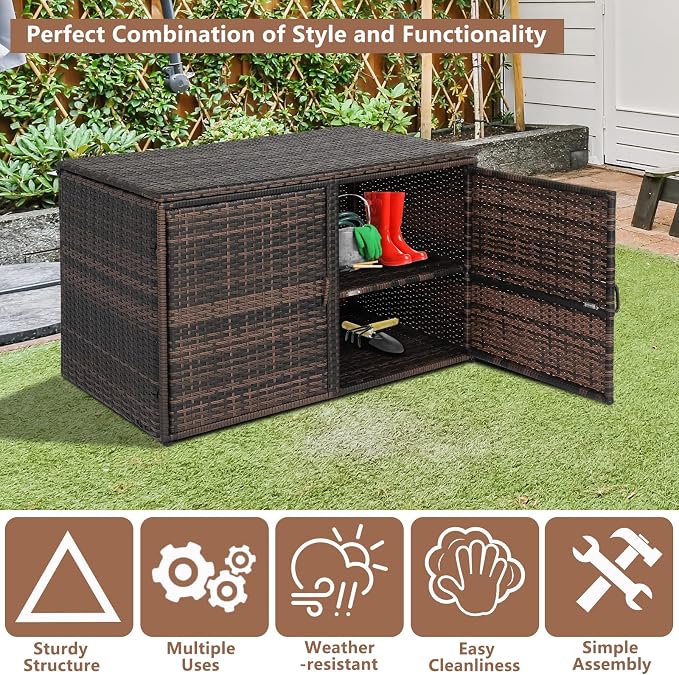 Henf Outdoor Wicker Storage Box Patio Rattan Deck Box with Double Doors & Shelf, All Weather Patio Furniture Storage Organizer for Storing Tools, Accessories and Toys (Brown)