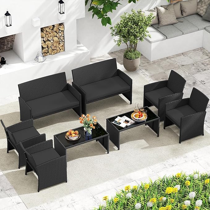 HAPPYGRILL 4 Piece Rattan Wicker Patio Conversation Set, Outdoor Furniture with Chair Loveseat Table & Cushion, for Backyard Porch Balcony (2, Black & Black)