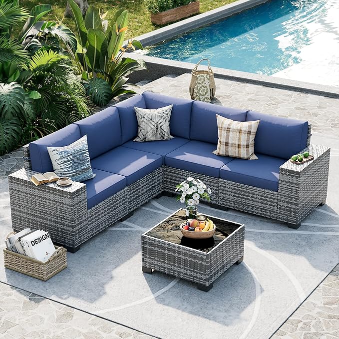 UDPATIO Patio Furniture Set, 8 Inch Armrest Outdoor Sectional Sofa, 6 Piece Wicker Outdoor Furniture Conversation Sets with Waterproof Cover and Coffee Table for Backyard Deck(Grey/Navy Blue)