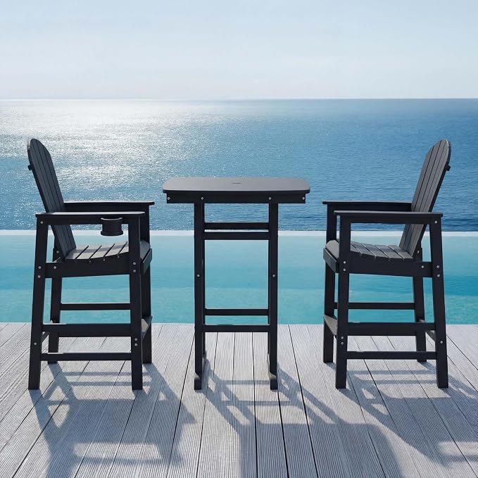 WILLIAMSPACE Height Patio Bar Table Set of 3, Outdoor Square Bar Table with Umbrella Hole, 2 Bar Stools with Cup Holders, 3-Piece All-Weather Outdoor Bistro Set for Kitchen Outside (Black)