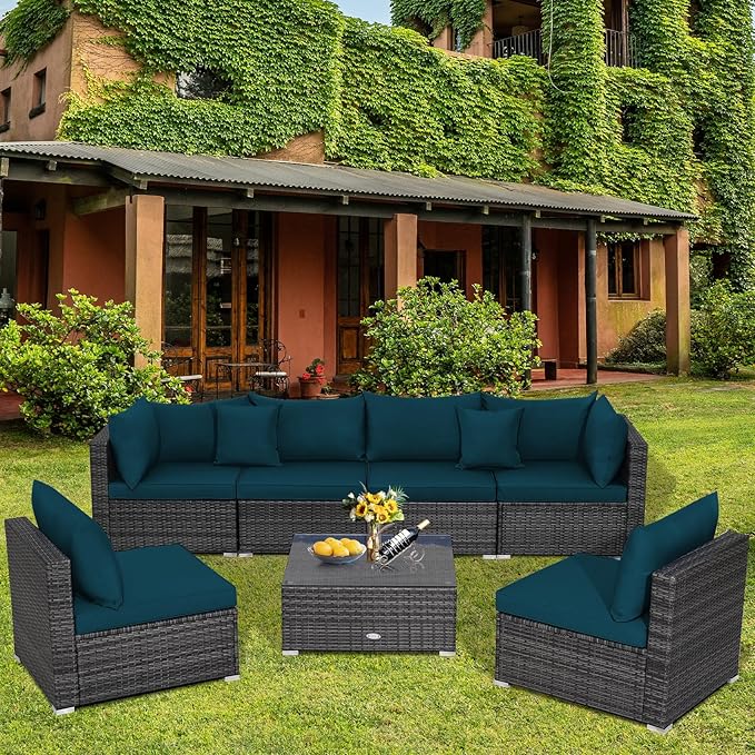 Tangkula 7 Piece Patio Wicker Furniture Set, Outdoor Rattan Sectional Sofa Set for 6 with Seat & Back Cushions, 2 Throw Pillows, Sofa Fastener Clips, for Backyard, Poolside, Deck (Peacock Blue)