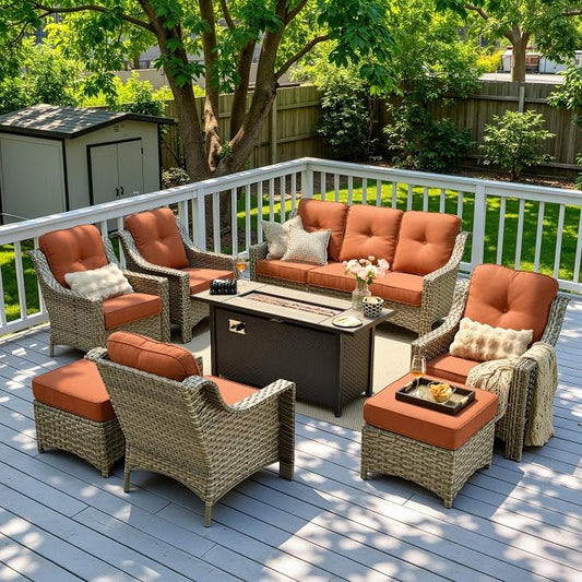 8 Piece Patio Furniture Set with Fire Pit Table, All Weather Wicker High Back Sofa Chairs Ottoman with Thick Cushion, Outdoor Conversation Sets for Large Backyard Deck Garden, Bold Orange