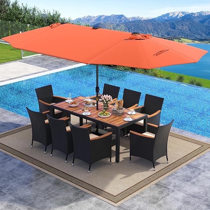Tangkula 11 Pieces Patio Dining Set with Double-Sided Led Patio Umbrella (Base Included), with 8 Stackable Chairs, Acacia Wood Dining Table and Large Umbrella with Solar Lights (Orange + Off White)