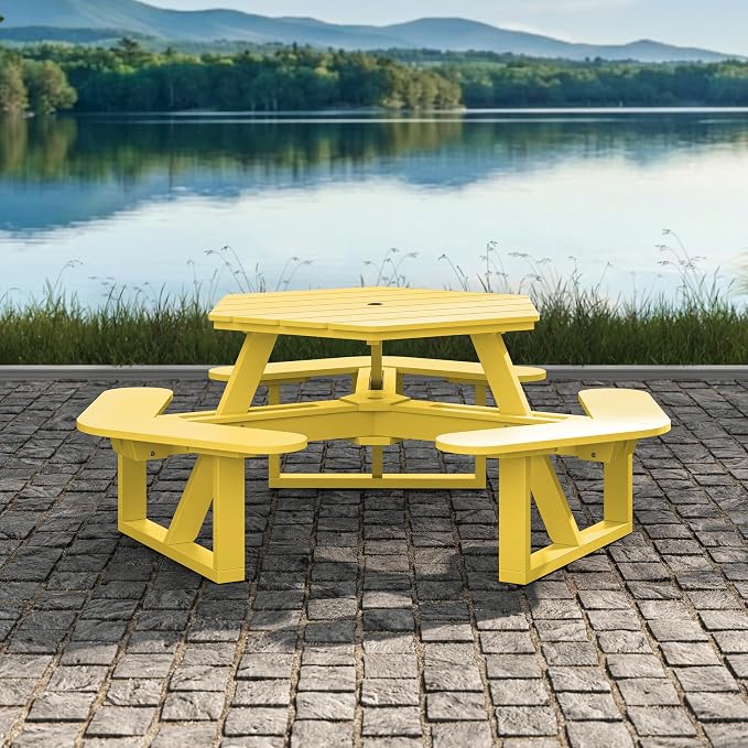 Shoreline Made in USA Hexagon Picnic Table, Seating for 6, Sunbeam Yellow