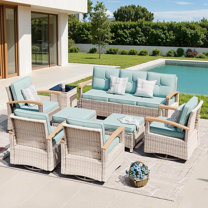MEISSALIVVE 8 Pieces Outdoor Patio Furniture Sets, Wicker Patio Conversation Sets with 2 Wood Armrests Swivel Glide Chairs,2 Single Chairs, 3-seat Sofa (Blue)