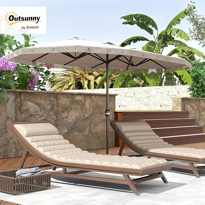 Outsunny 15FT Extra Large Patio Umbrella with Fringe, UPF30+ Double-Sided Market Umbrella with Easy Crank Handle, 2 Vents for Garden Pool Lawn