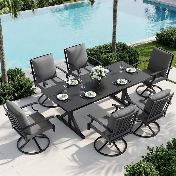 7 Piece Outdoor Dining Set for 6, Metal Patio Table and Chairs with Cushions, Patio Furniture Set with 6 Swivel Chairs, Rectangular Metal Dining Table with Umbrella Hole, Lawn Deck Yard-Grey