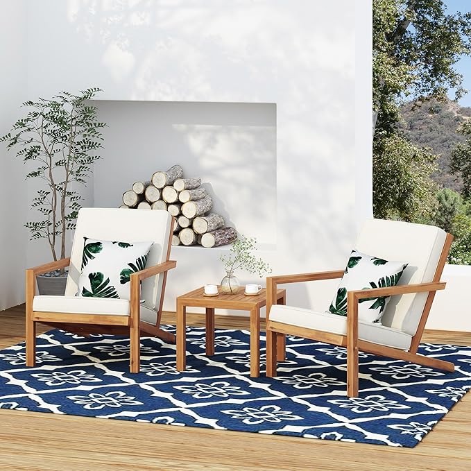 Christopher Knight Home Leah 2-Seater Acacia Wood Outdoor Patio Furniture Set, Outdoor Conversation Chat Set with Cushion, Adirondack Chairs Set of 2 + Side Table Set for Backyard Balcony, Teak+Beige
