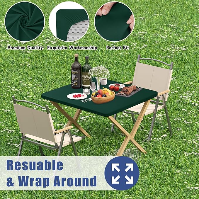 Moosfor Spandex Picnic Table Cloth 2 Pack, Elastic Fitted Tablecloths for Square Tables, Stretch Washable Patio Table Cover for Outdoor, Camping, Banquet and Parties (Hunter Green, 34"x34")