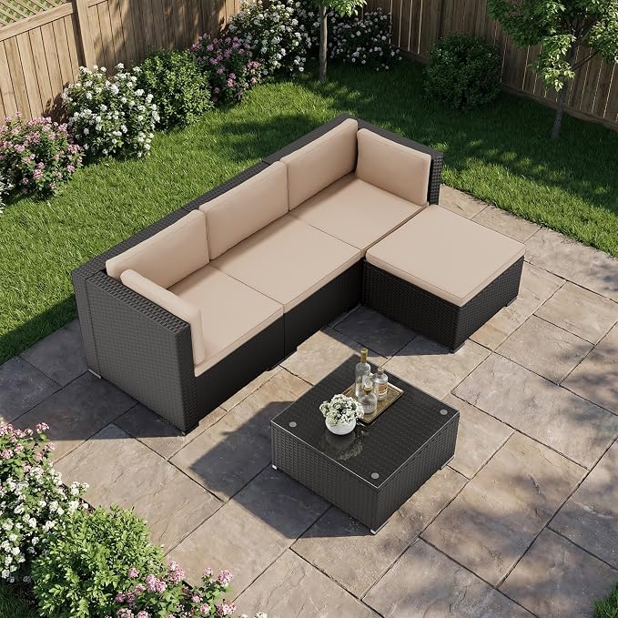 Oakcloud 5-Piece Outdoor Patio Furniture Sofa Set Black Rattan Wicker Sectional Conversation Sets with Glass Top Table and Cushions(Brown)