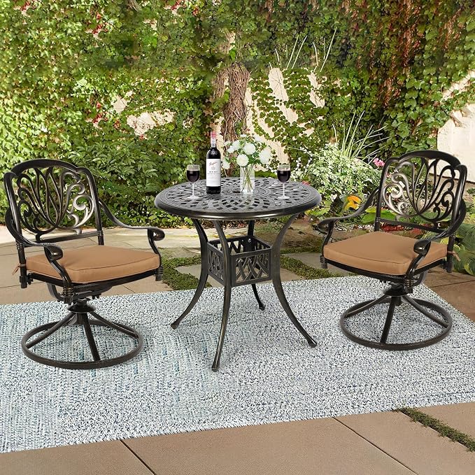 3-Piece Outdoor Patio Dining Set, All-Weather Cast Aluminum Patio Furniture Set for Backyard Garden Deck with 2 Swivel Cushioned Chairs and 31” Round Table, 2" Umbrella Hole, Khaki