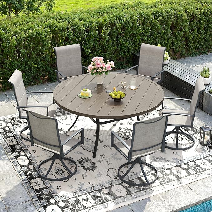 DIFY 7 Piece Outdoor Patio Dining Set for 6, 50" Grey Wood-Like Round Metal Dining Table and Swivel Patio Chairs with Grey Padded Textilene, All-Weather Outdoor Furniture Set for Garden Backyard