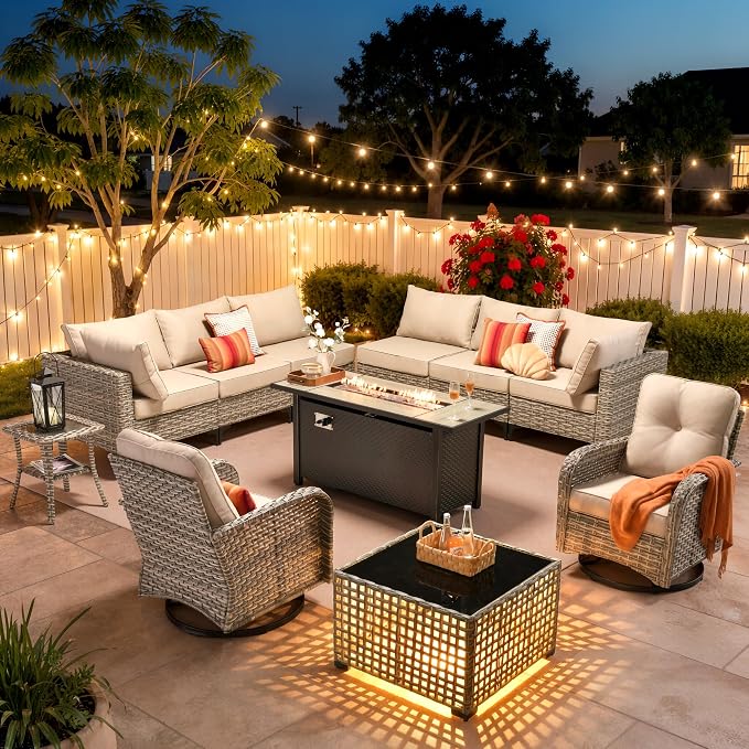 11 Piece Patio Furniture Set Outdoor Sectional with 54" Fire Pit Table, Wicker Swivel Rocking Chairs and L-Shaped Rattan Couch, Modular Conversation Set with Solar Coffee Table for Backyard, Beige