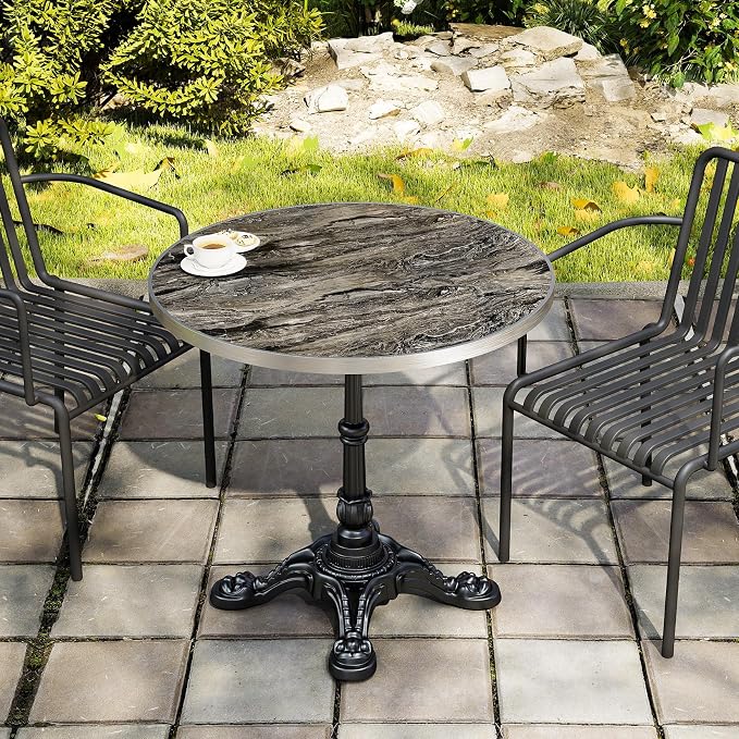 31.5" Outdoor Tulip Dining Table with Sintered Stone Tabletop and Cast Iron Base, Antique Patio Bistro Table for 2-4 Person for Indoor Outside Cafe Restaurant Backyard Garden (Venetian Brown Marble)