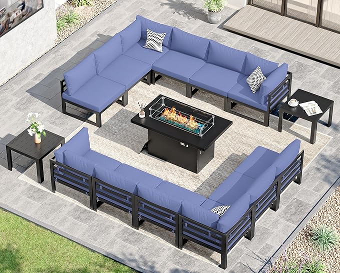 NICESOUL 15 Piece Contemporary Aluminum Outdoor Furniture Set, Extra Large Couch Set with Fire Pit Table, 500 lbs High Weight Capacity, Modular Patio Sectional Sofa with End Table for Deck, Denim Blue