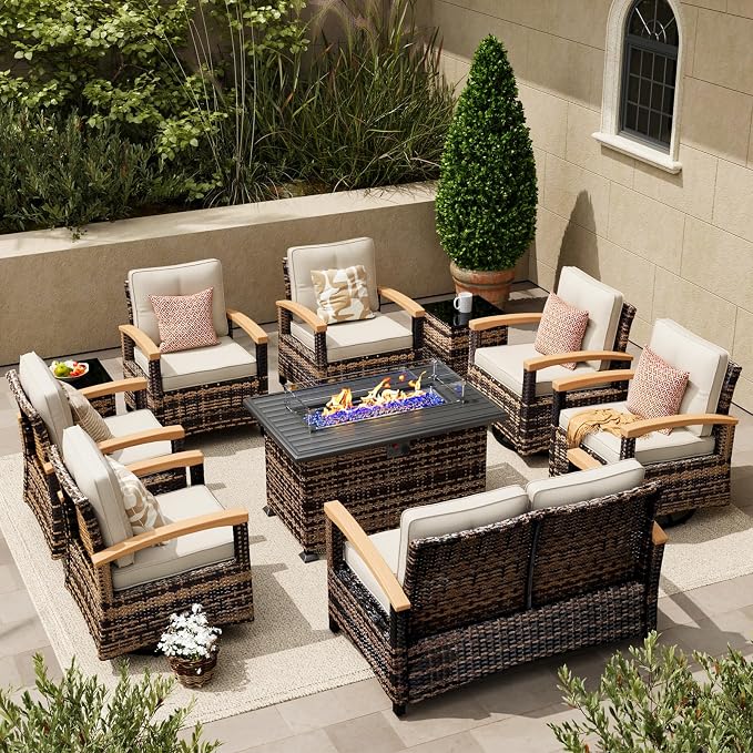MEISSALIVVE 10 Pieces Patio Furniture Sets with Fire Pit Table, Wicker Outdoor Conversation Sets with 4 Swivel Rocker Chairs, 2 Single Chairs, 2-seat Sofa and Side Table(Beige)