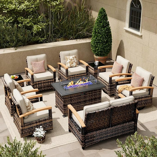 MEISSALIVVE 10 Pieces Patio Furniture Sets with Fire Pit Table, Wicker Outdoor Conversation Sets with 4 Swivel Rocker Chairs, 2 Single Chairs, 2-seat Sofa and Side Table(Beige)