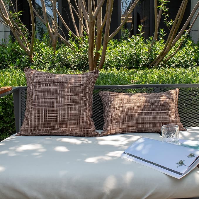 Kevin Textile Outdoor Waterproof 24x24 Inch Pillow Covers 2 Pack, Brown | Water Resistant, Faux Linen Yarn-dyed, Woven Texture Euro Throw Pillow Covers for Tent Patio Garden Couch Sofa
