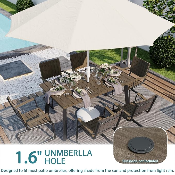 7 Piece Outdoor Conversation Set for 6, HDPE Patio Seating Set with Table and Chairs, All-Weather Outdoor Lounge Furniture with Umbrella Hole for Garden, Porch, Poolside, Gray
