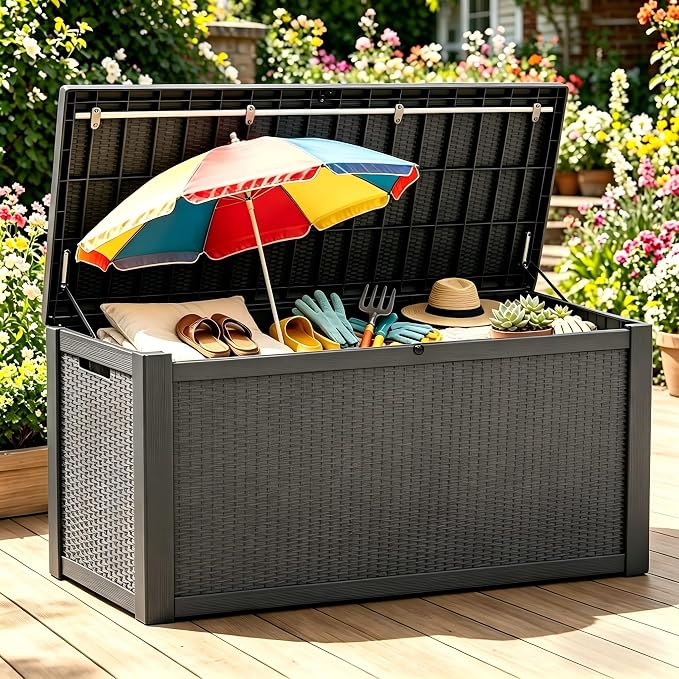 328 Gallon Waterproof Outdoor Storage Box, Heavy Duty Resin Deck Box Lockable, Large Outside Patio Storage Bench for Garden Tools & Pool Accessories,Hydraulic Lift, All-Season UV-Resistant, Gray Brown